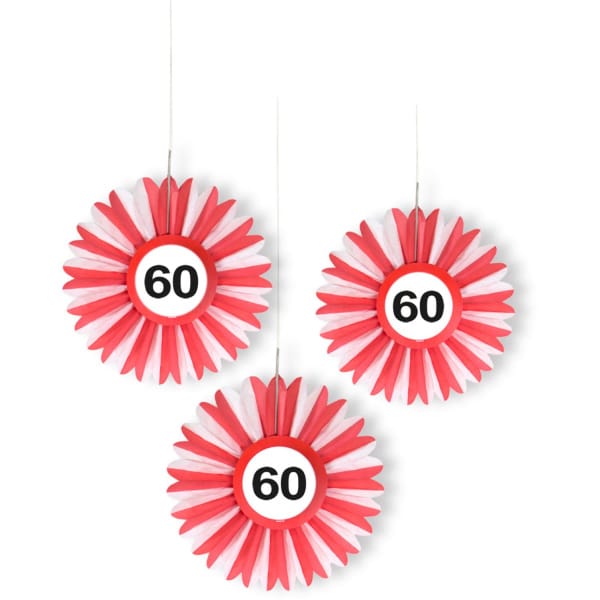 3 x 60th Birthday Traffic Sign Honeycomb Fan Decorations