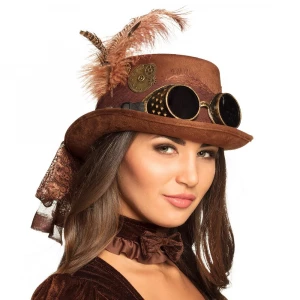 Victorian Steampunk Deluxe Top Hat with Goggles & Veil