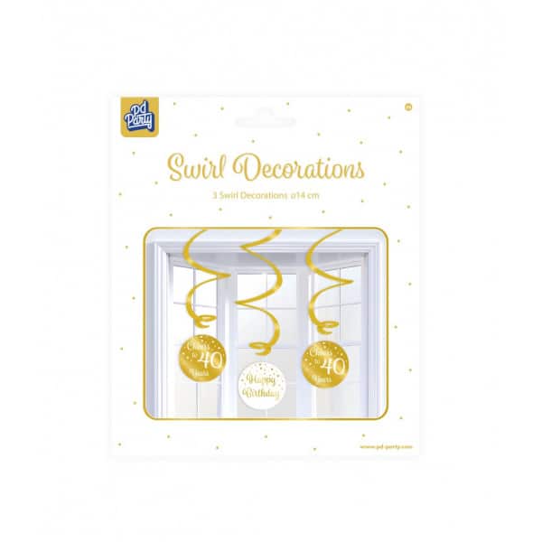 3 x 40th Birthday Gold & White Hanging Whirls - 70cm