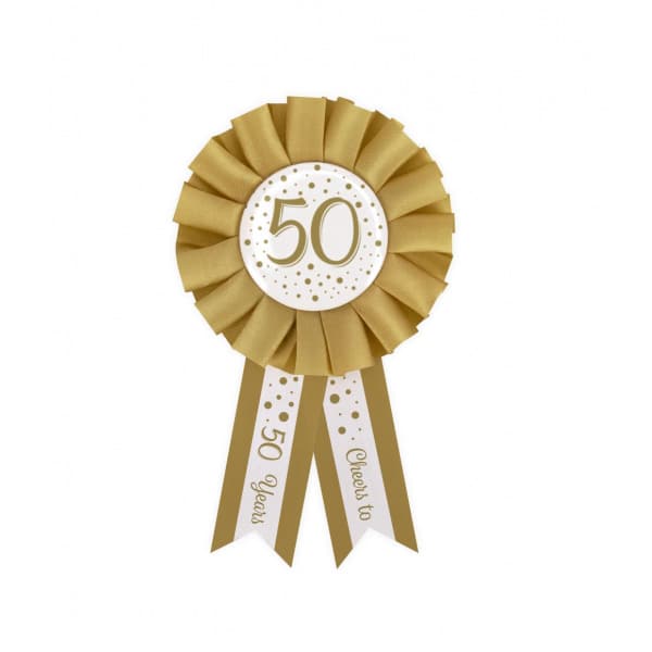50th Birthday Gold & White Rosette Badge