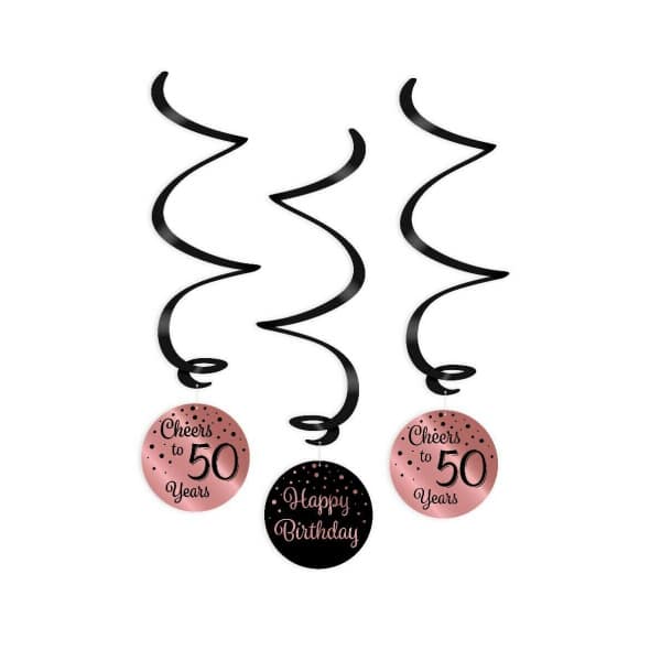3 x 50th Birthday Rose Gold & Black Hanging Whirls - 70cm