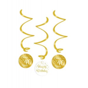 3 x 40th Birthday Gold & White Hanging Whirls - 70cm