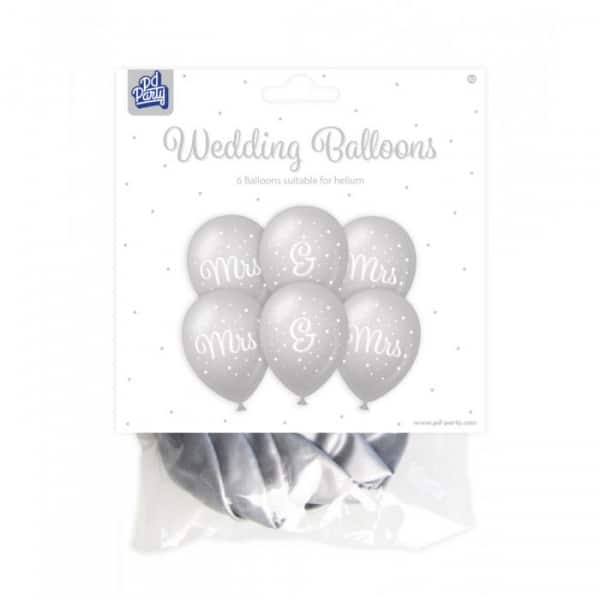 6 x Mrs & Mrs Silver Wedding Party Balloons - 30cm