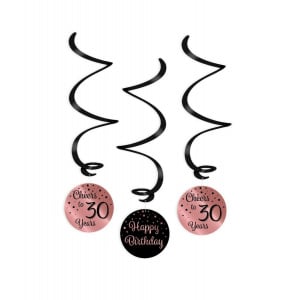 3 x 30th Birthday Rose Gold & Black Hanging Whirls - 70cm