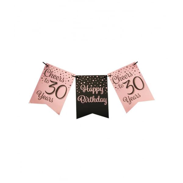 30th Birthday Rose Gold & Black Pennant Bunting - 6m