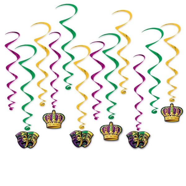 12 x Mardi Gras Carnival Hanging Whirls - 44cm - 80cm