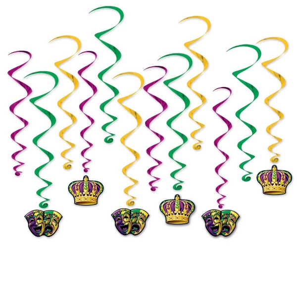12 x Mardi Gras Carnival Hanging Whirls - 44cm - 80cm