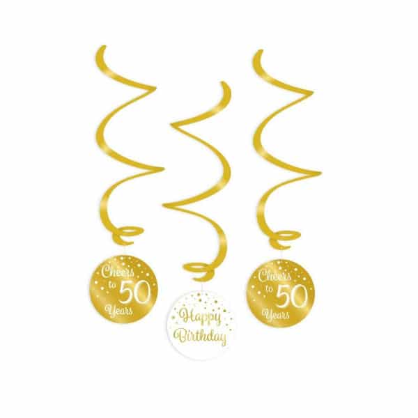 3 x 50th Birthday Gold & White Hanging Whirls - 70cm