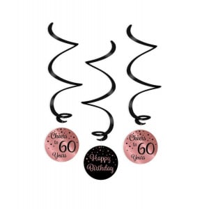 3 x 60th Birthday Rose Gold & Black Hanging Whirls - 70cm