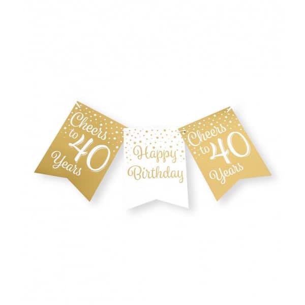 40th Birthday Gold & White Pennant Bunting - 6m