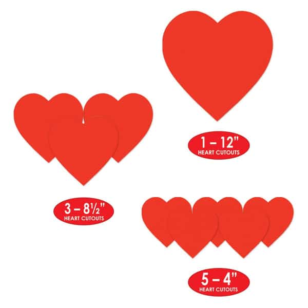 9 x Red Heart Cutout Decorations - 10cm - 30cm