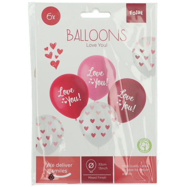 6 x "Love You" Hearts Latex Balloons - 33cm