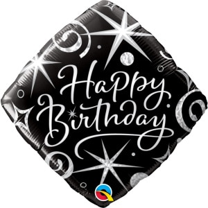 Silver Sparkles & Swirls "Happy Birthday" Diamond Shaped Foil Balloon - 46cm