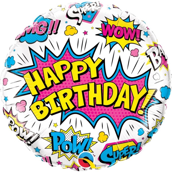 White Super Hero Action Signs "Happy Birthday" Foil Balloon - 46cm
