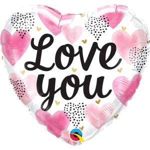 Pink Watercolour Hearts "Love You" Heart Shaped Foil Balloon - 46cm