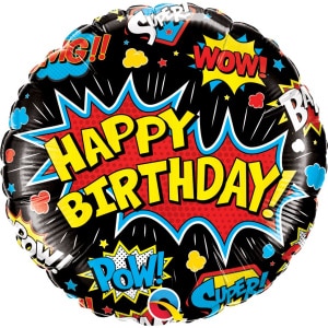 Black Super Hero Action Signs "Happy Birthday" Foil Balloon - 46cm