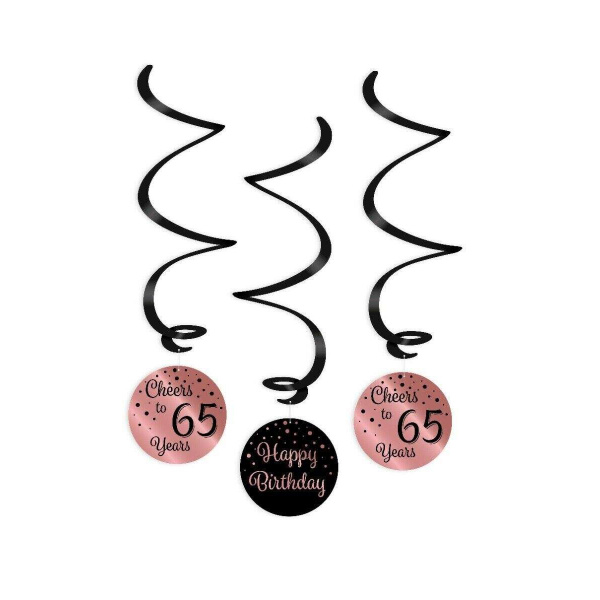 3 x 65th Birthday Rose Gold & Black Hanging Whirls - 70cm