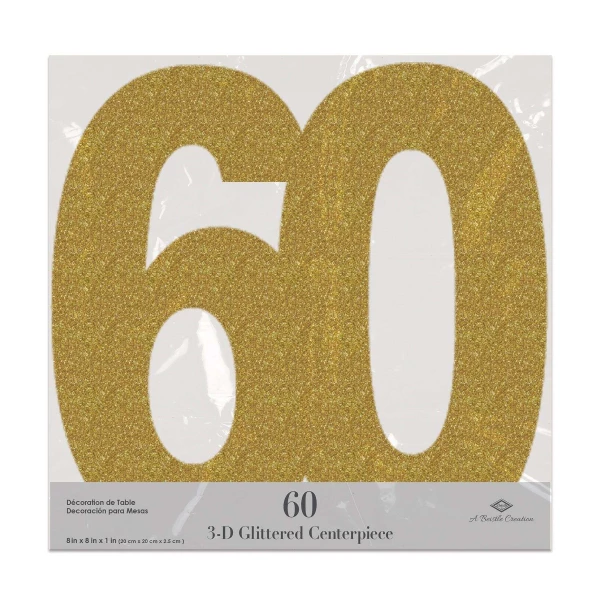 3D 60th Birthday Glitter Gold Table Decoration - 20cm x 20cm x 2.5cm