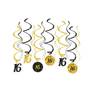 12 x 16th Birthday Black & Gold Hanging Whirls - 70cm