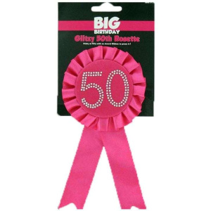 Hot Pink 50th Birthday Diamante Rosette Badge