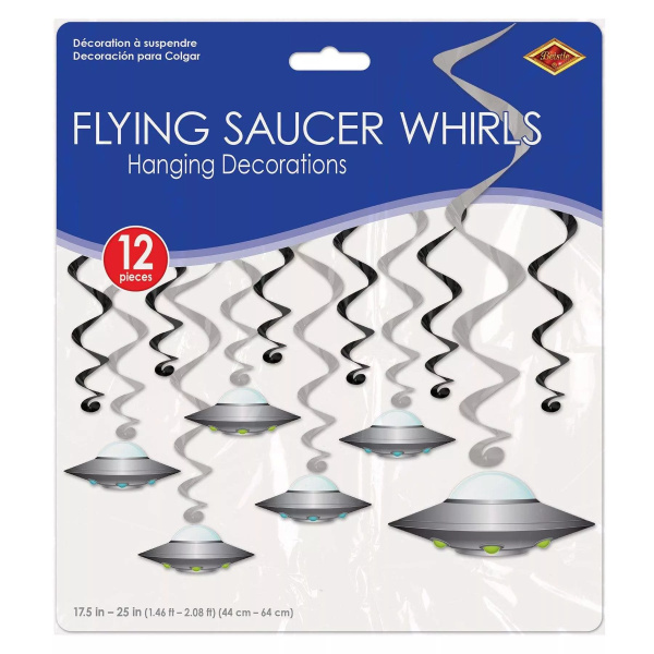 12 x Alien Flying Saucer Hanging Whirls - 44cm - 63cm