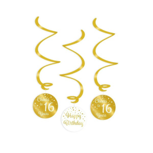 3 x 16th Birthday Gold & White Hanging Whirls - 70cm