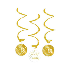 3 x 18th Birthday Gold & White Hanging Whirls - 70cm