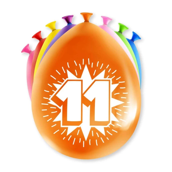 8 x 11th Birthday Colourful Deluxe Party Balloons - 30cm