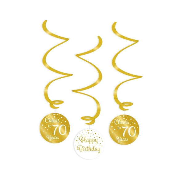 3 x 70th Birthday Gold & White Hanging Whirls - 70cm