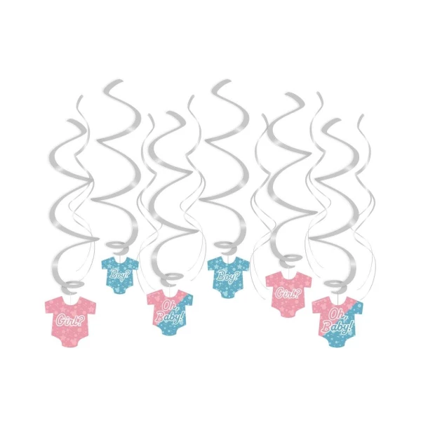 12 x Gender Reveal Boy or Girl? Hanging Whirls - 70cm