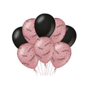 8 x Rose Gold & Black "Congrats" Deluxe Party Balloons - 30cm