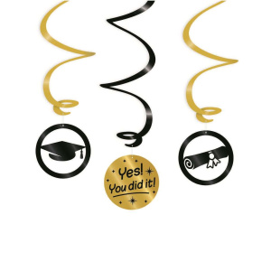 3 x Graduation "Yes! You Did It!" Black & Gold Hanging Whirls - 70cm