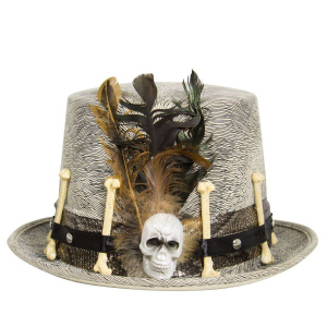Grey Cowhide Top Hat with Feathers & Bones