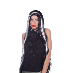 Extra Long Black Hair with White Highlights Wig