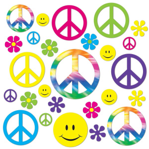 42 x 60's Hippie Peace Sign & Flowers Cutout Decorations - 5cm - 28cm