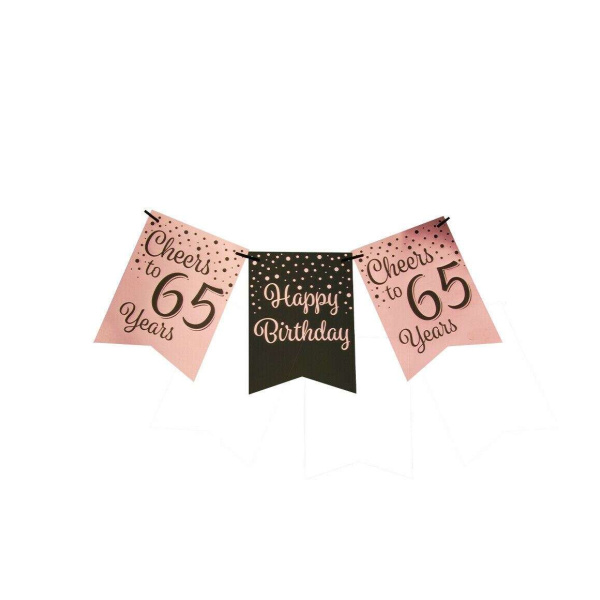 65th Birthday Rose Gold & Black Pennant Bunting - 6m