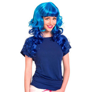 Long Neon Blue Curly Hair With Fringe Wig