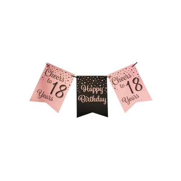 18th Birthday Rose Gold & Black Pennant Bunting - 6m