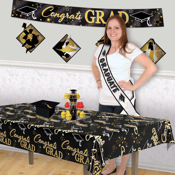 Metallic Black & Gold Graduation Tablecloth - 2.7m x 1.4m