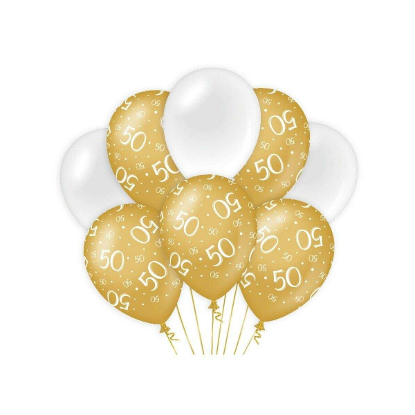 8 x 50th Birthday White & Gold Deluxe Party Balloons - 30cm