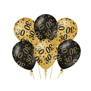 6 x 30th Birthday Black & Gold Deluxe Party Balloons - 30cm