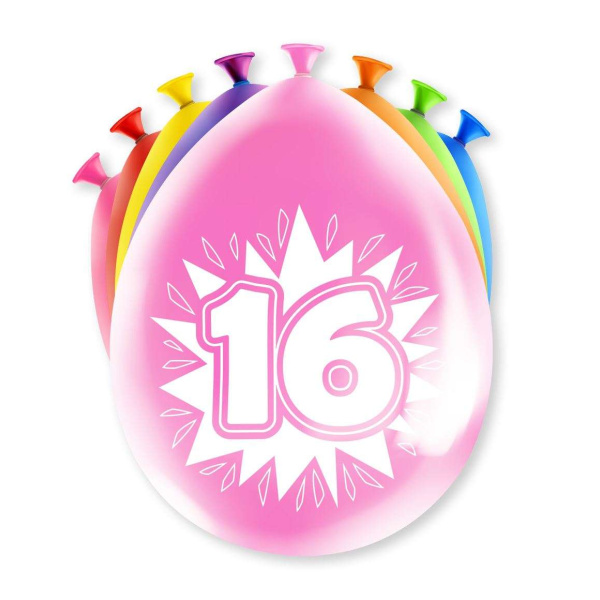 8 x 16th Birthday Colourful Deluxe Party Balloons - 30cm