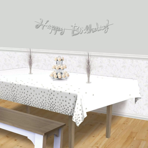 Metallic White & Silver Dots Tablecloth - 2.7m x 1.4m