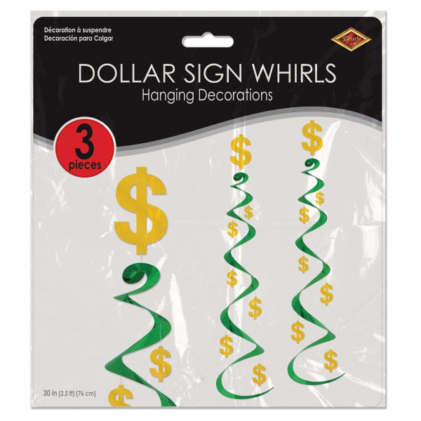 3 x Green & Gold Dollar Sign Hanging Whirls - 75cm