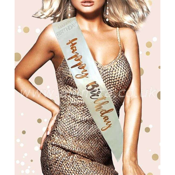 "Happy Birthday" Cream & Rose Gold Birthday Deluxe Satin Sash