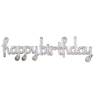 Silver "Happy Birthday" Script Foil Balloon Letter Banner - 1.7m x 40cm