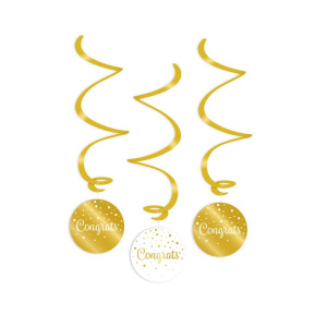 3 x Gold & White "Congrats" Hanging Whirls - 70cm