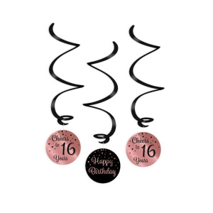 3 x 16th Birthday Rose Gold & Black Hanging Whirls - 70cm