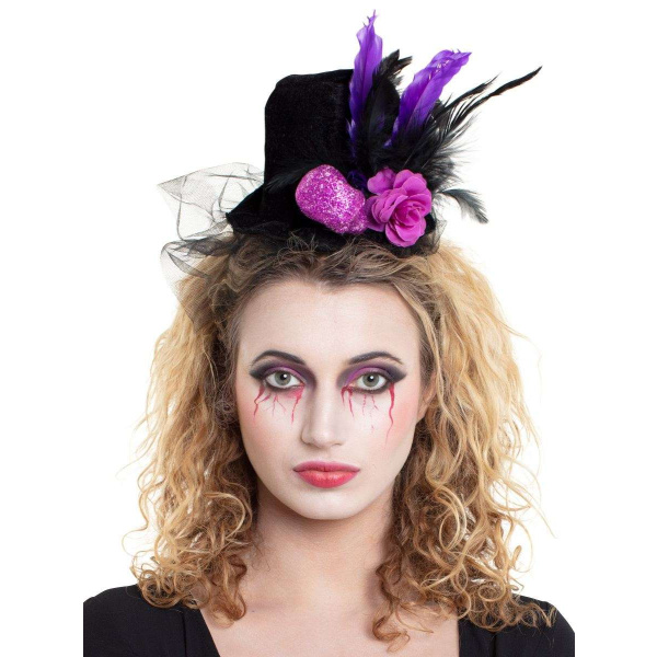 Mini Top Hat with Purple Glitter Skull & Feathers Headband Hat