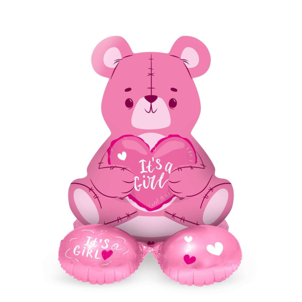 Pink Baby Shower "It's a Girl" Teddy Bear Foil Balloon with Base - 61cm